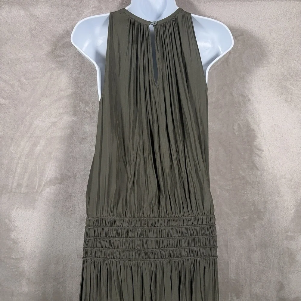 Ramy Brook Audrey Midi Dress Womens XS Olive Green Smocked Halter Stretch